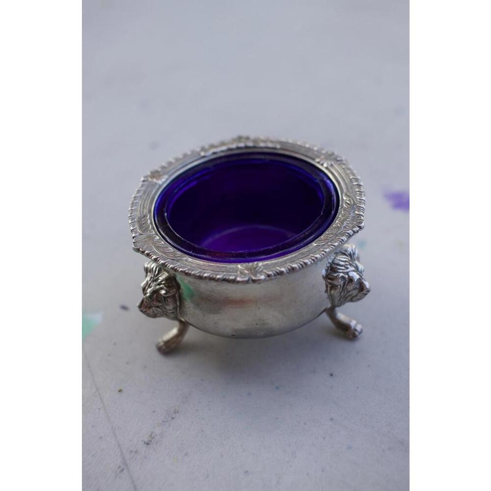 Vintage Silver Plated Salt Cellar with Cobalt Blue Glass Insert